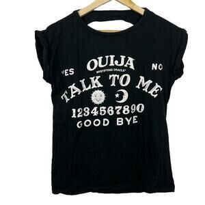 Hot Topic Top OUIJA "Talk To Me" Black With Shredded Back Cotton Shirt Small